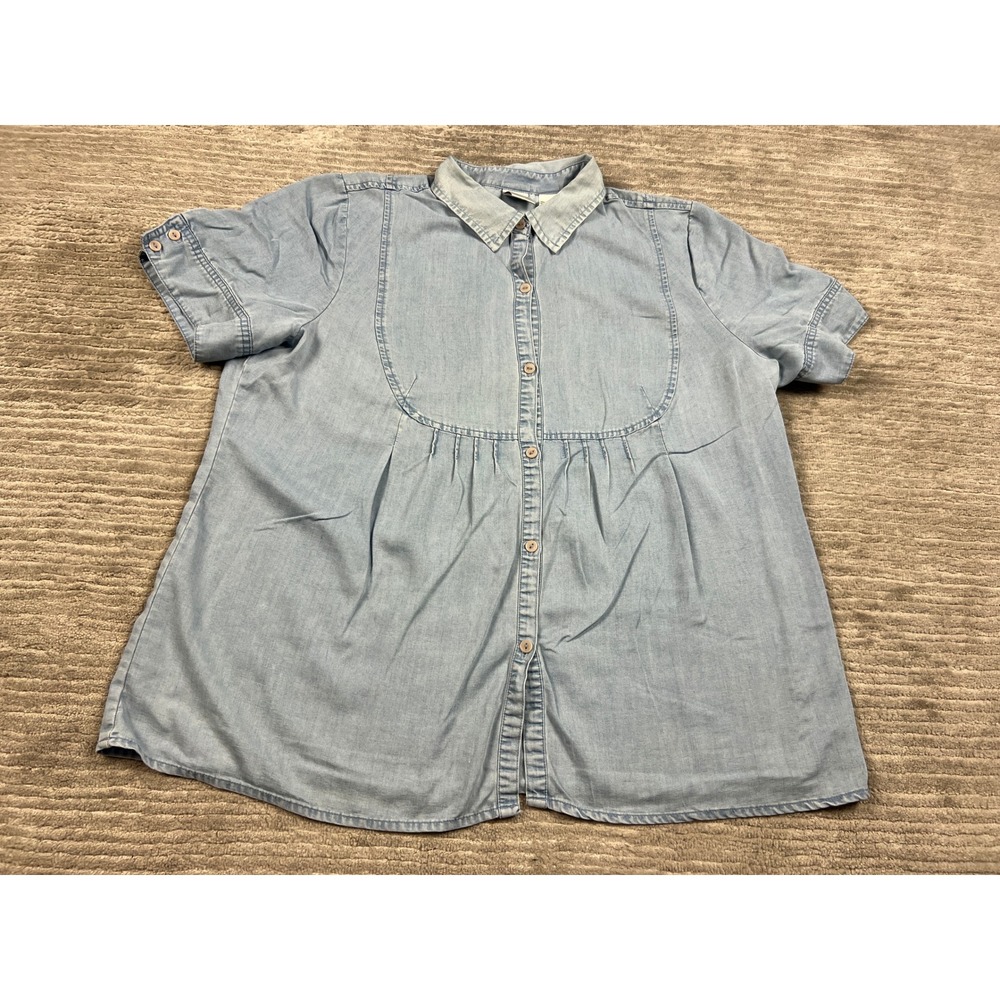Emma James Shirt Women 16 Light Blue Chambray Short Sleeve Pleated Bib Casual
